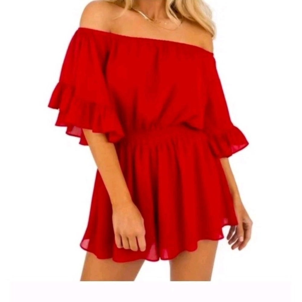 KITTENISH Red Off Shoulder Ruffle Romper‎ Flowy Festival Date Night Size Small